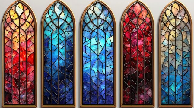 Multi-colored stained glass windows in an arched frame.