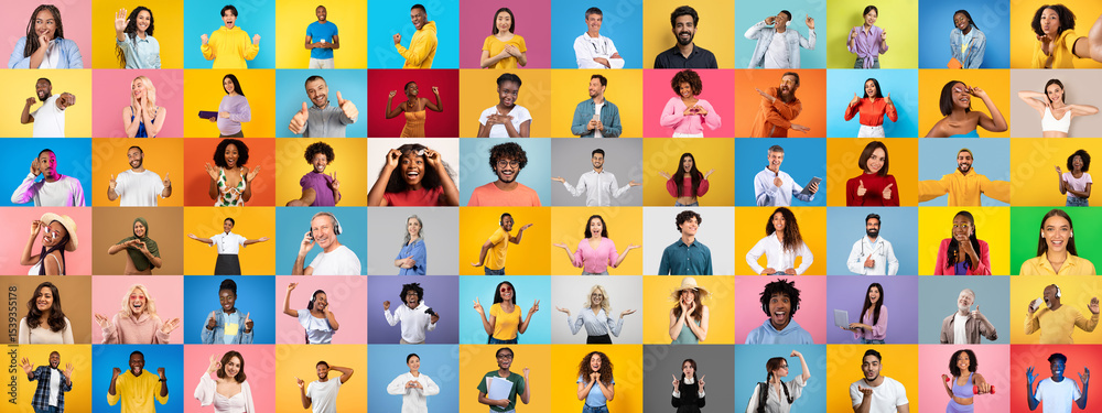 Poster A colorful collection of diverse individuals displays a range of expressions and poses. Each person appears engaged and joyful, highlighting the beauty of diversity and inclusion.