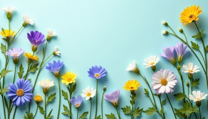 Colorful flowers arranged on a light blue background.