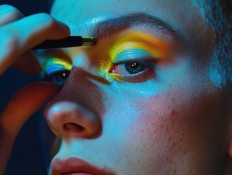 Gender-fluid individual applying colorful eyeshadow with creative expression in studio setting perfect for self-expression makeup artistry and authentic identity representation concept
