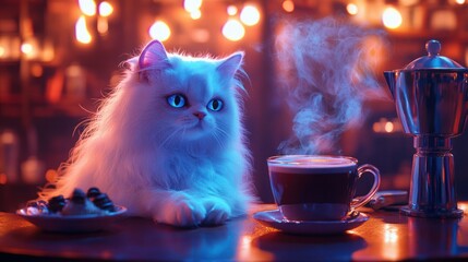 Mystical white long-haired cat with piercing blue eyes sitting at a cozy cafe table with steaming coffee and a French press, warm ambient lighting, and bokeh background