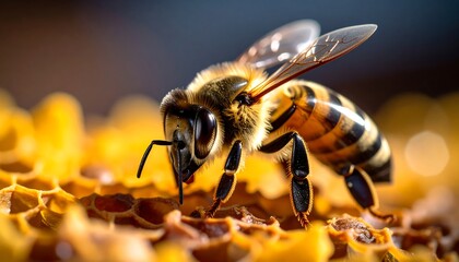 Honeybee on Honeycomb Closeup.