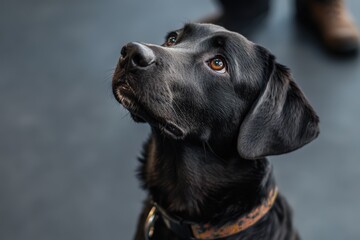 Well-trained golden Labrador retriever sits patiently waiting for trainer command during professional obedience class session, showcasing perfect focus and loyalty for pet education concept