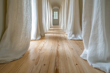 Hallway with wood floors and white linen curtains leading to a bright window at the end