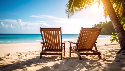 Tropical Beach Chairs Sunset View.