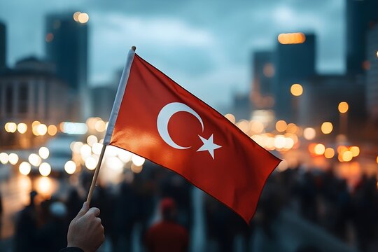 Hand of a man holding the turkey flag during a demonstration or protest. National holiday in Turkey. Celebration on the night street.
