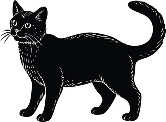 Vintage Black Cat Standing Illustration in Woodcut Style