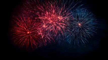 Vibrant red, blue, and white fireworks display against a black background, with a festive touch.