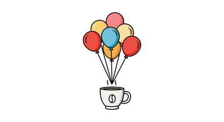 Coffee mug carried by colorful balloons