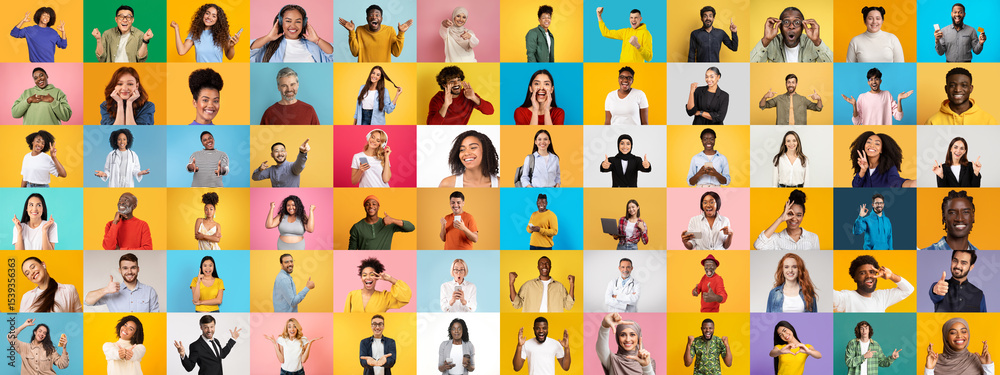 Poster a vibrant collection of diverse individuals expressing various emotions and gestures against colorfu