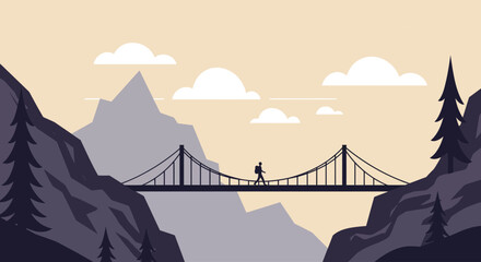 Man on bridge in mountains landscape