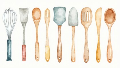 Watercolor illustration of various kitchen utensils.