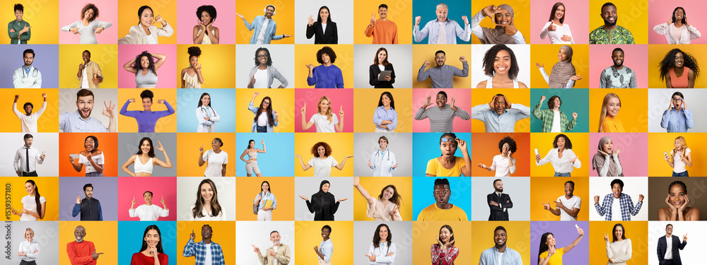 Poster a lively set of portraits displays a diverse range of individuals expressing various emotions.