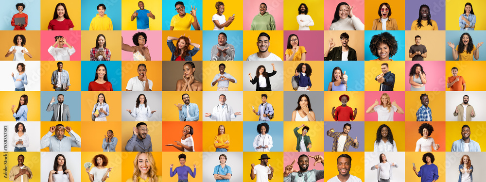 Poster a vibrant collage features diverse individuals in various poses and smiles against colorful backgrou