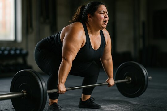 Plus-size woman doing deadlift with barbell in gym - Powered by Adobe