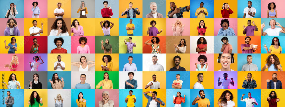 Poster a collage showcases a diverse group of people smiling and posing against colorful backgrounds. their