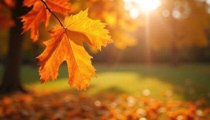 Autumn leaf in the sunlit park.