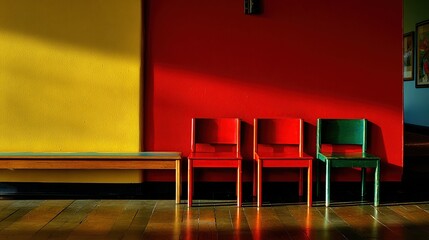 Sunlit interior with a yellow and red wall, three small chairs (red, red, green) and a wooden bench, all on a polished wood floor