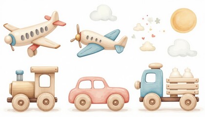 Set of child's wooden toy vehicles and aircraft.