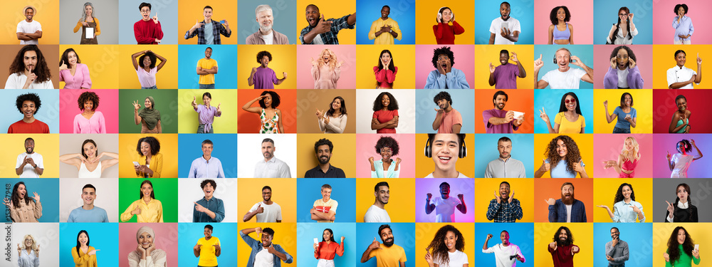Poster multiracial individuals from various backgrounds pose against colorful backdrops, expressing joy and