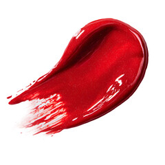 Vibrant red lip gloss smear with glossy texture isolated on a transparent background for beauty and makeup design