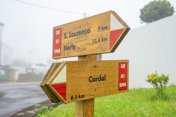 Direction signs for São Lourenço, Norte and Maia on the Azorean island of Santa Maria.
