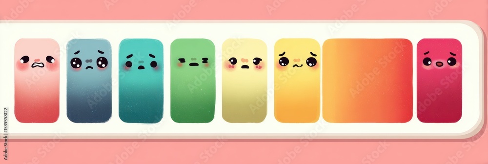 Poster mood tracker bar featuring gradient faces and labels allows easy emotional assessment throughout the