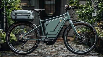 Fototapeta premium Conceptual Delivery Bike with Storage Unit in Urban Environment Surrounded by Greenery