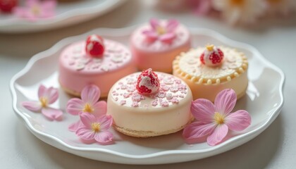 Delicate miniature cakes decorated with pink flowers and berries.