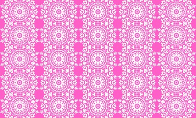 seamless floral pattern, This image shows a seamless pink and white geometric pattern. The design consists of repeating circular mandala-like shapes with intricate floral and abstract elements in whit