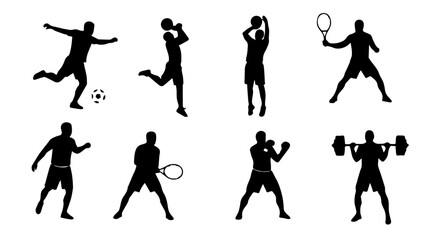 Obraz premium Diverse Athlete Silhouettes Engaging in Various Sports Activities Including Soccer Basketball Tennis and Weightlifting