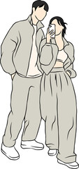 Modern Selfie Moment: An outline illustration of a couple taking a selfie, capturing a moment of modern connection and everyday life.