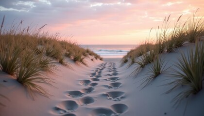 Footprints on a sandy beach path at sunset.