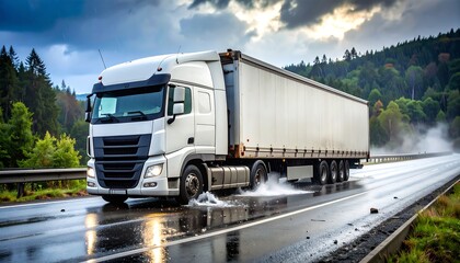 Truck Driving Rainy Mountain Road.