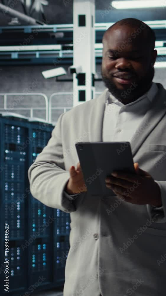 Poster vertical video server farm employee upgrading gear for increased processing and storage capacity. da