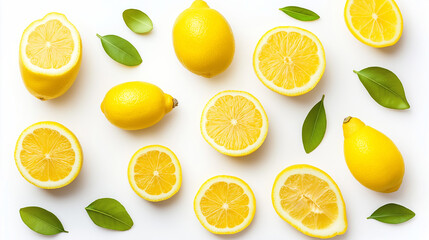 Fototapeta premium Lemon Freshness: Bright yellow lemons and fresh green leaves create a cheerful pattern, conveying a sense of zesty freshness on a sunny day.