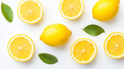 Fototapeta premium Zesty Citrus Symphony: A vibrant assortment of fresh lemons, both whole and sliced, artfully arranged with lush green leaves, a visual celebration of natural freshness and culinary inspiration.