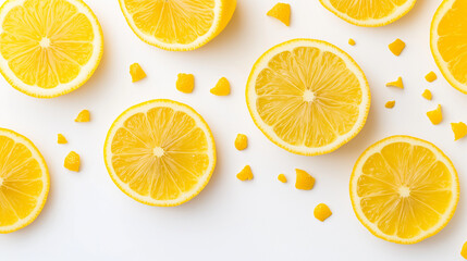 Fototapeta premium Zesty Citrus Symphony: A vibrant overhead shot captures an array of sliced lemons, showcasing their sunny essence against a refreshing bright tone. 