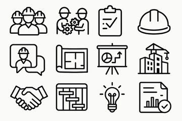 Construction and engineering icons featuring blueprints, hard hats, and project planning