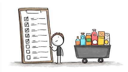 Marking items off a list, the stick figure embodies planned shopping to reduce waste and control spending.
