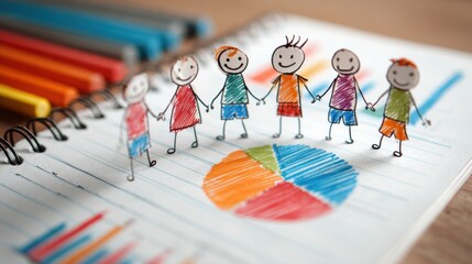 Together, the stick figures review a budget, showcasing cooperative family finance management and shared financial goals.
