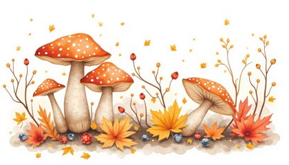 Autumnal fungi with fallen leaves and berries.