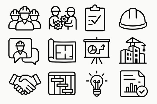Construction and engineering icons featuring blueprints, hard hats, and project planning