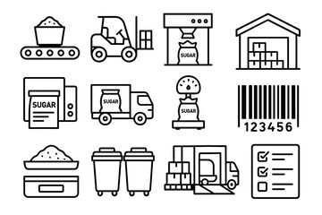 Sugar packaging and distribution icons: conveyor, forklift, warehouse