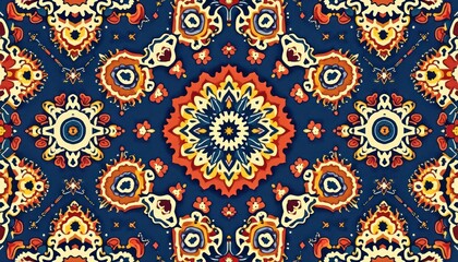 Intricate, symmetrical pattern with colorful, stylized floral motifs.