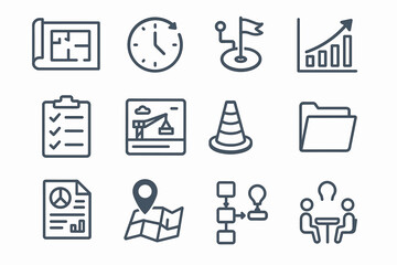 Construction project management icons: floor plan, clock, flag, growth chart, checklist, crane, traffic cone