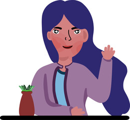 Obraz premium Cheerful Greeting Illustration: A digitally illustrated person with wavy hair waves a friendly hello, exuding warmth and approachability.