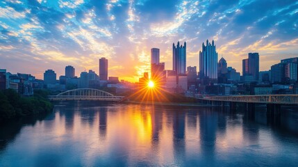 Obraz premium City skyline sunrise over river