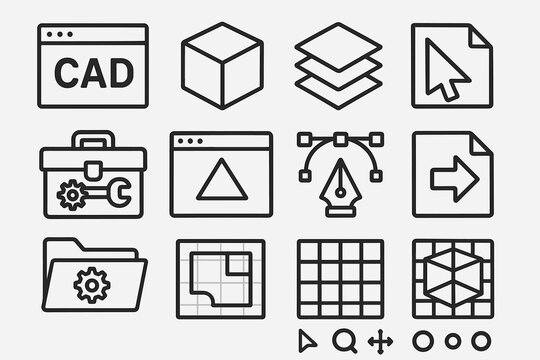 Vector icons for cad and graphic design tools in black and white