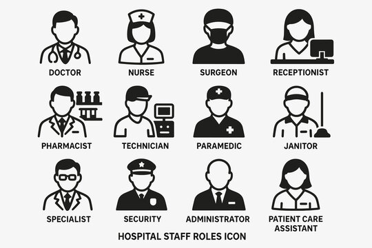 Hospital staff roles icons: doctor, nurse, surgeon, and more